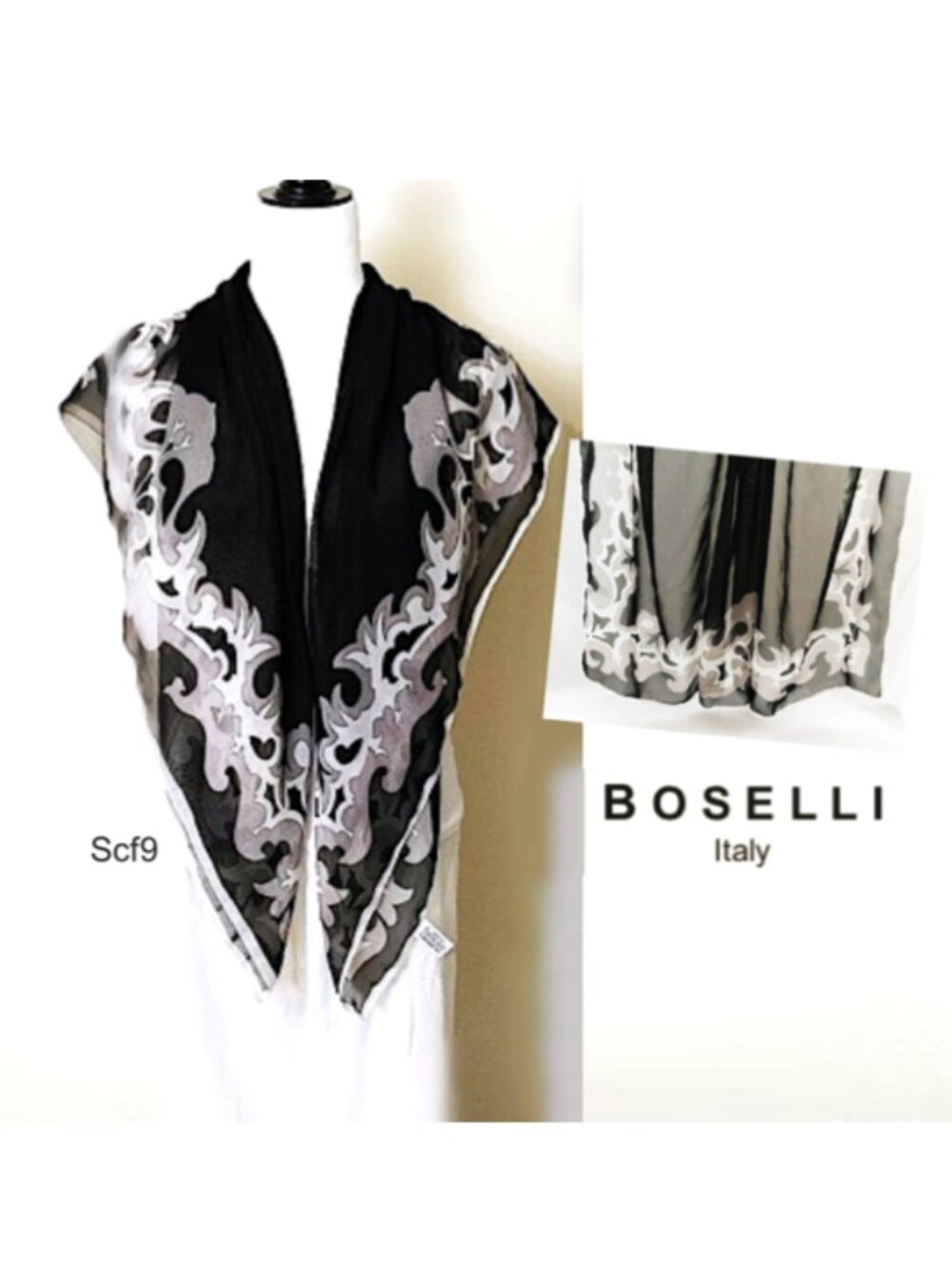 BOSELLI Black White Grey Scarf Sheer Square Shape Paisley print Polyester 40x40"